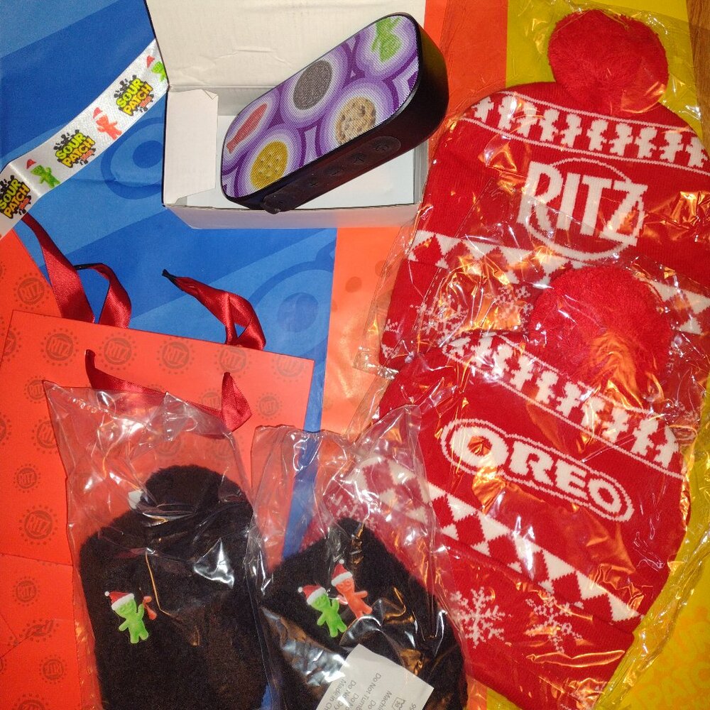 New Bluetooth Speaker, Oreo Ritz Hat, Sour Patch Kids Socks, Ribbon & Gift Bag